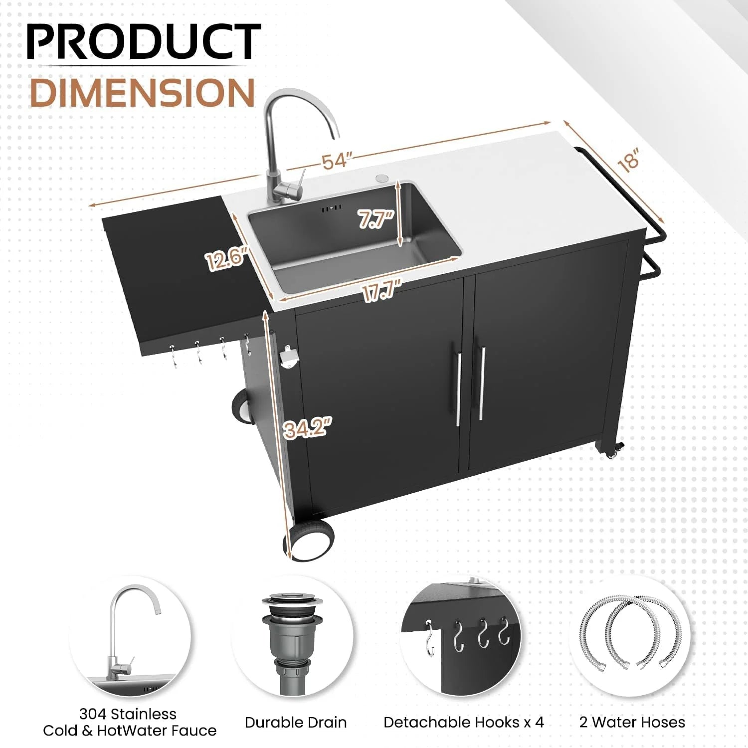 AECOJOY Outdoor Kitchen Sink with Hose Hook up, Stainless Steel Grill Prep Table Kitchen Cabinets Island