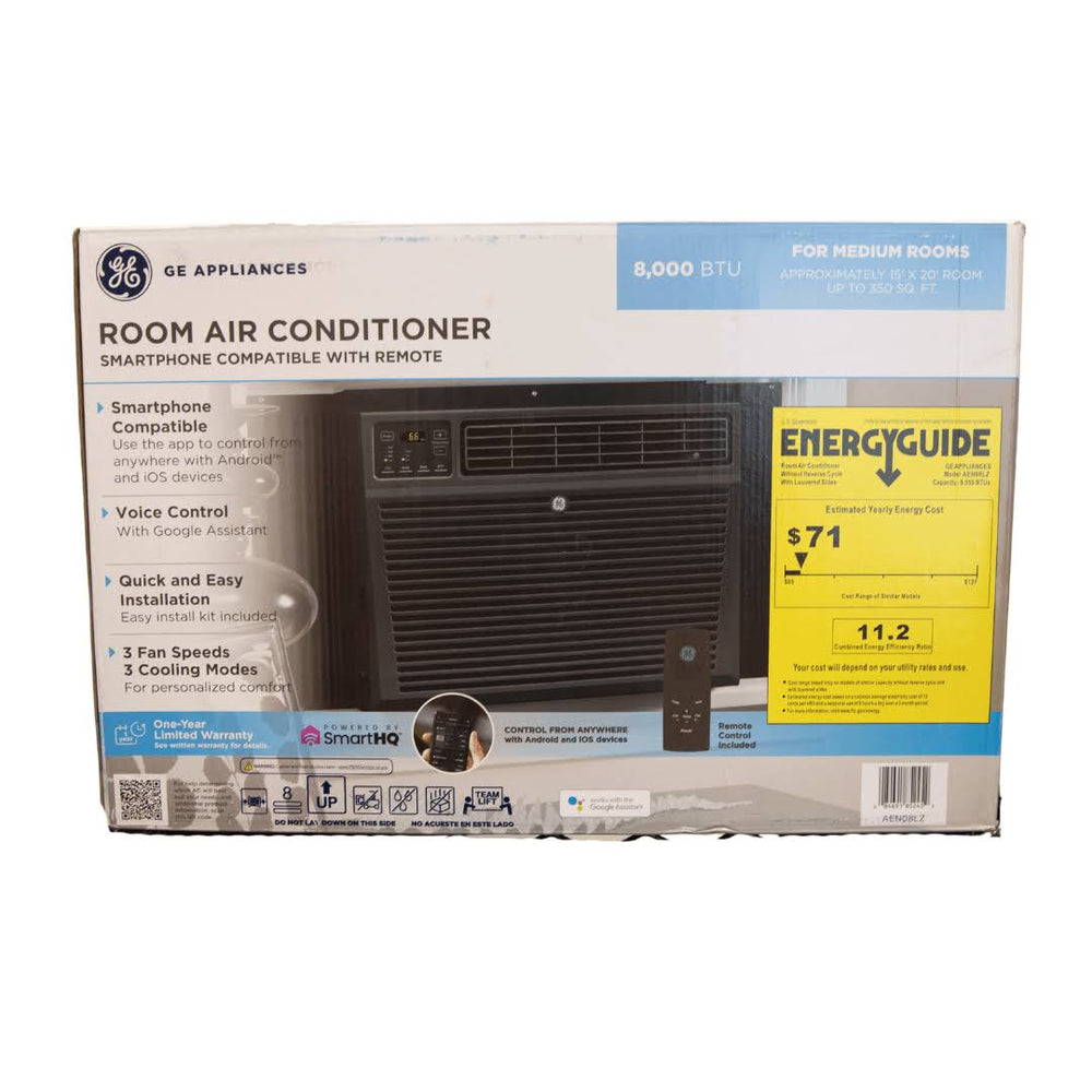 GE 8,000 BTU 115-Volt Smart Window Air Conditioner with Remote, AEN08LZ, Black