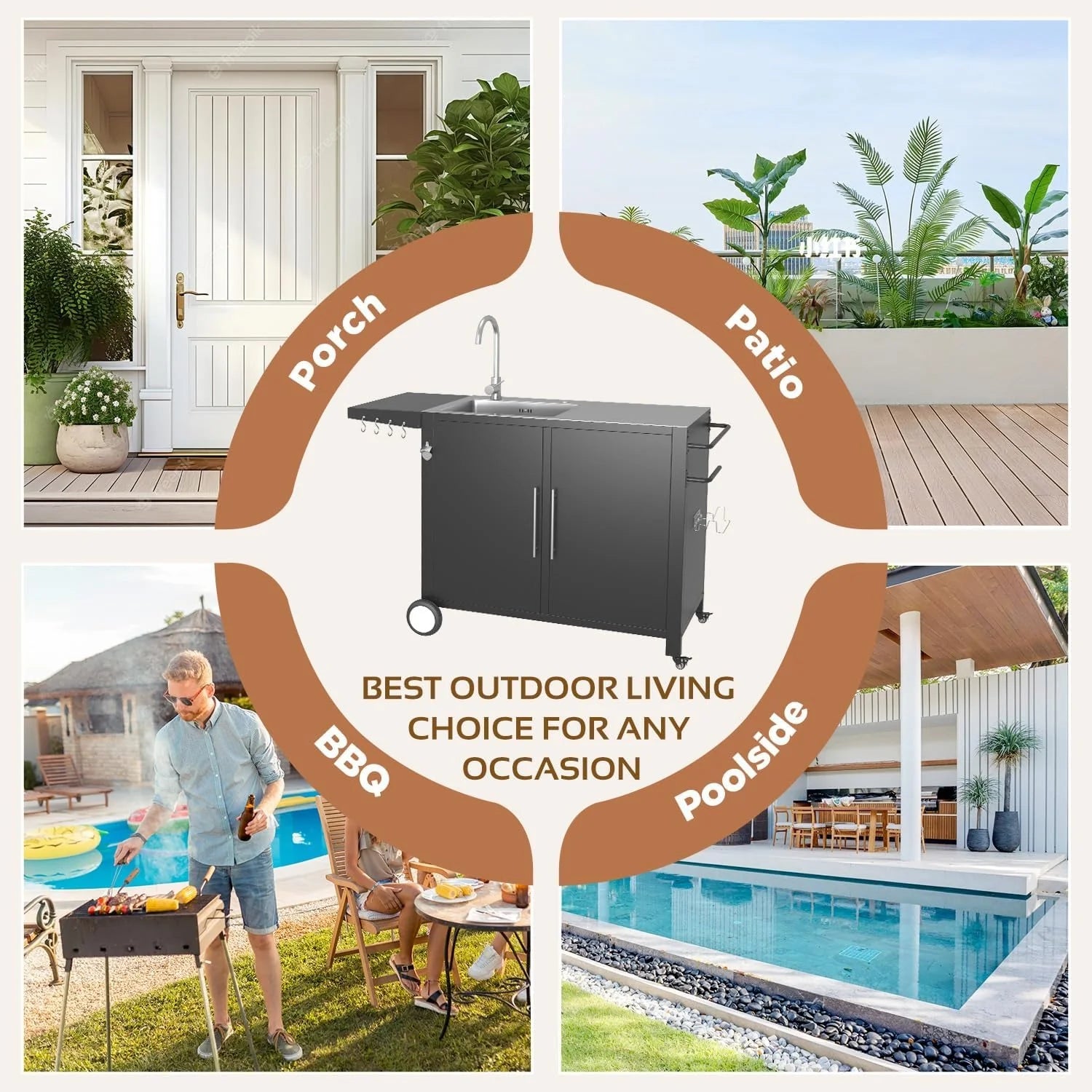 AECOJOY Outdoor Kitchen Sink with Hose Hook up, Stainless Steel Grill Prep Table Kitchen Cabinets Island